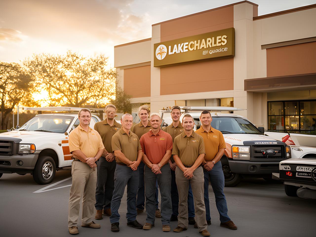 Founders and technicians standing outside a Lake Charles office with service vehicles and a warm Gulf Coast evening sky