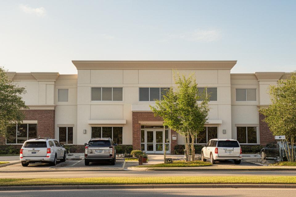 Lake Charles office exterior with parked vehicles and a clear entrance beside East Parkway Street