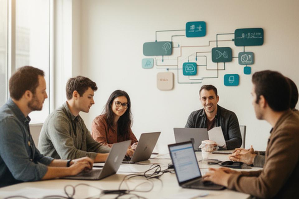 Support team meeting in a bright Lake Charles office with laptops and a wall-mounted network diagram