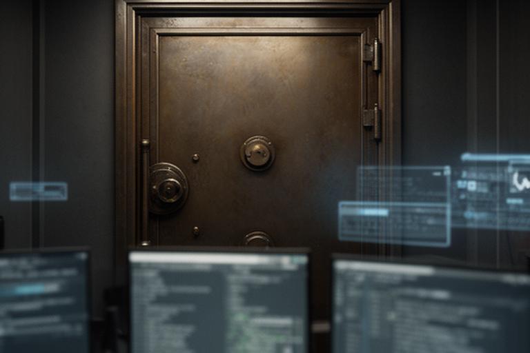 Steel vault door beside a bank workstation showing remote access audit screens in a dim secure office