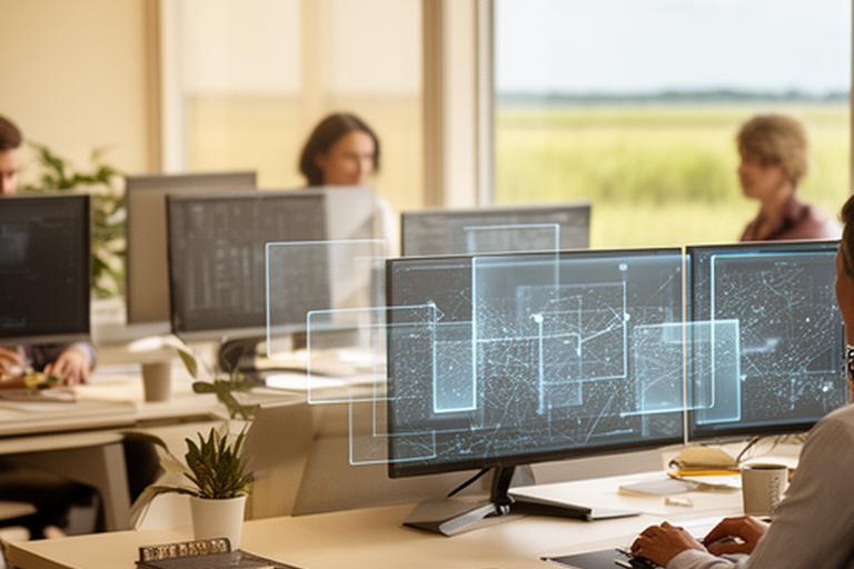 Modern Gulf Coast office with network screens and warm daylight near a marsh view