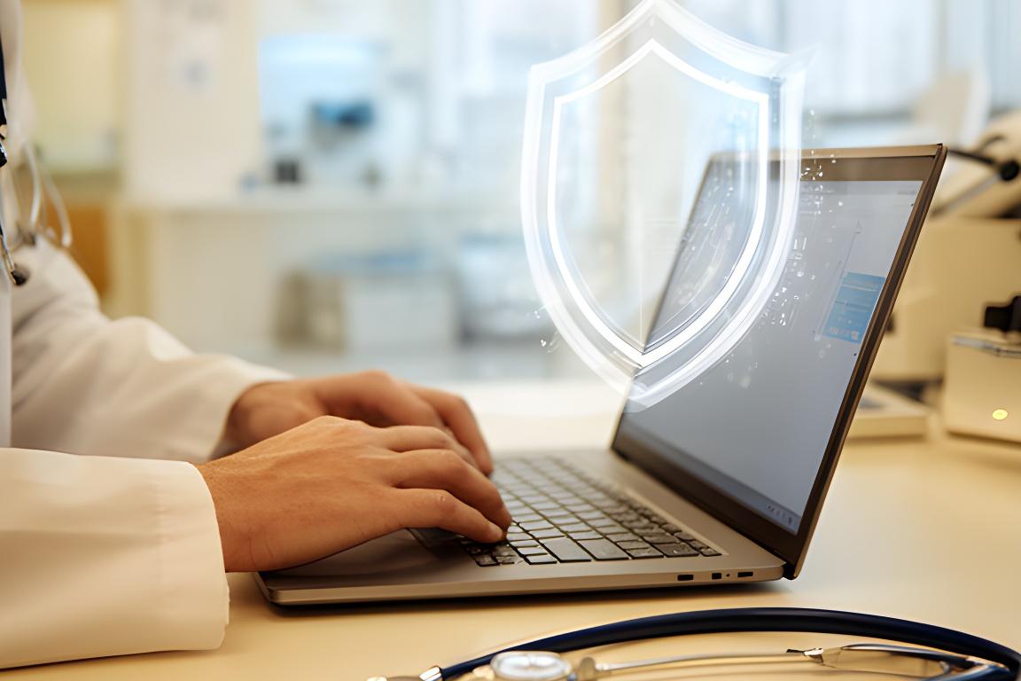 Clinician desk with a laptop, stethoscope, and HIPAA shield overlay in a bright medical office