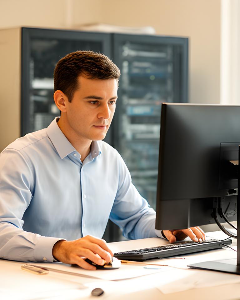 IT consultant reviewing secure remote access controls on a bright office workstation in Lake Charles