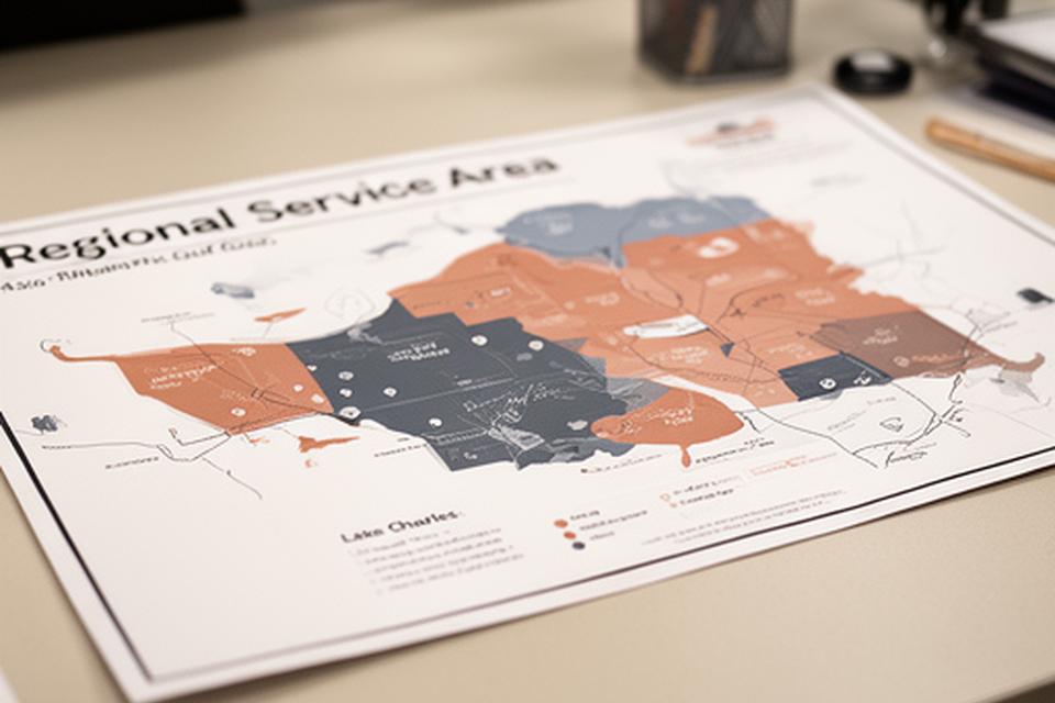 Regional service area board showing Lake Charles, nearby parishes, and Gulf Coast coverage notes on a desk