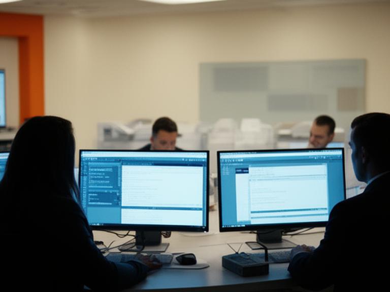 Audit room at a local credit union with compliance staff reviewing session logs on dual monitors