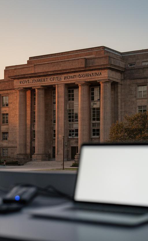 Louisiana government office building with a late afternoon sky and an IT operations desk in the foreground
