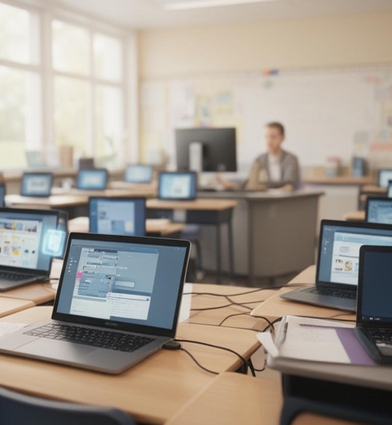 Bright K-12 classroom with rows of student laptops and a teacher workstation ready for secure remote support