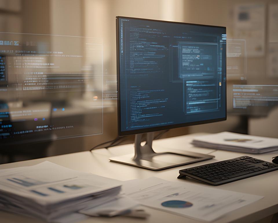 Secure office workstation with policy documents and network notes on a tidy desk in Lake Charles