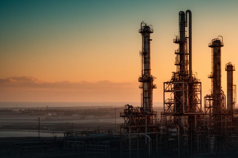 Refinery towers at sunset near Lake Charles with a dark safety overlay