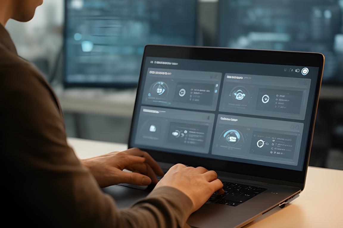 IT specialist reviewing secure remote access controls on a dashboard in a modern office