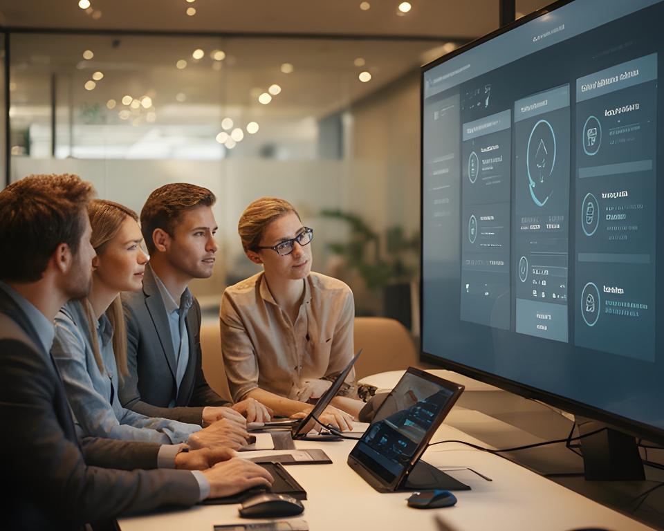 Modern office team reviewing secure remote access controls on a large display with warm lighting