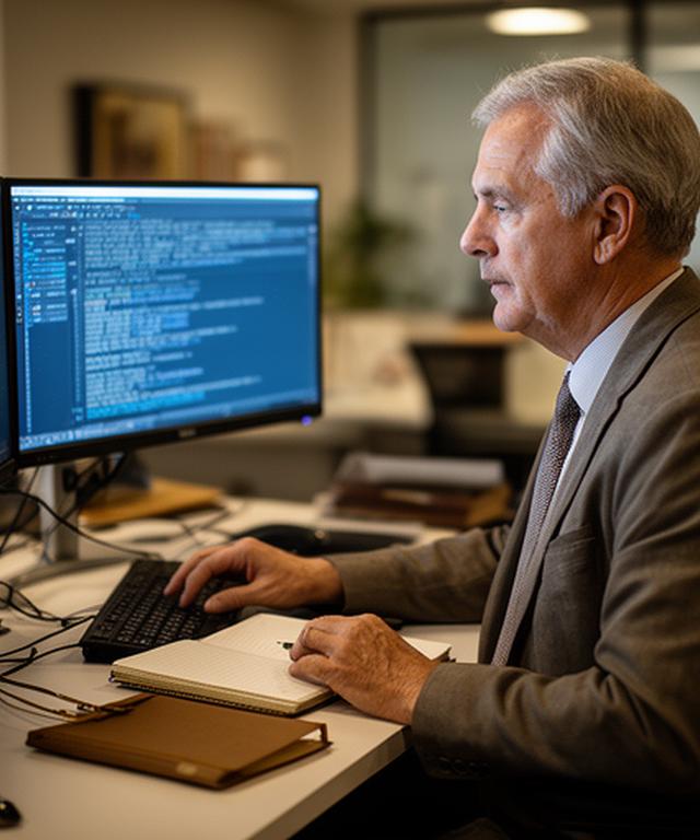 Senior consultant reviewing a remote access console in a Lake Charles office with dual monitors and a notebook