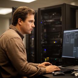 Founder reviewing a secure workstation beside a server rack in a Lake Charles office