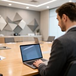 Founder planning secure remote support on a laptop in a modern Lake Charles conference room