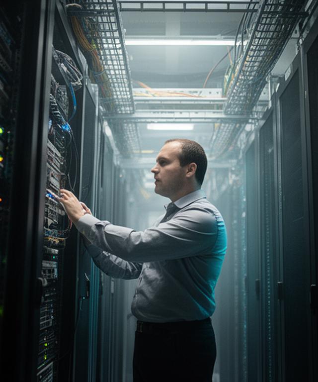 Network engineer checking switch health in a server room with cable trays and labeled racks