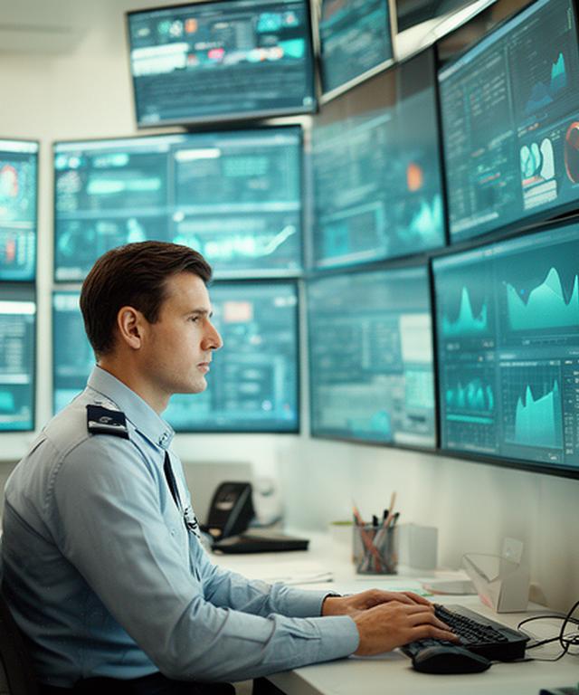 Security analyst working beside a wall of monitoring screens in a bright IT operations space