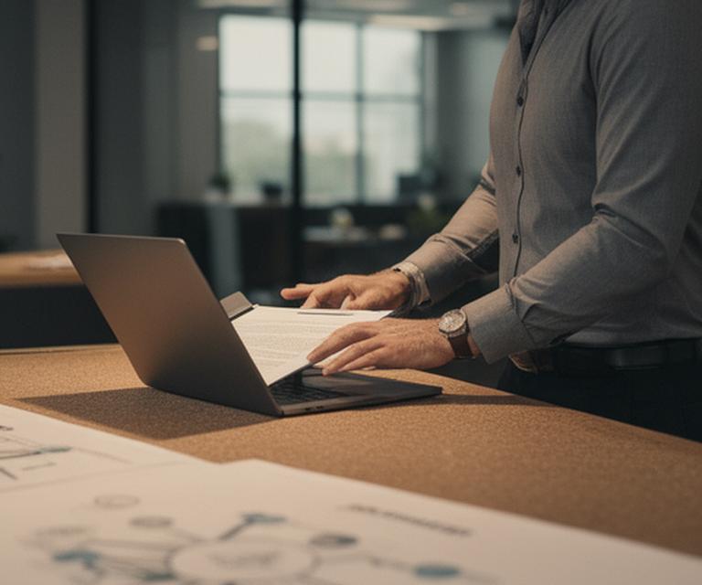 IT consultant reviewing a service agreement on a laptop in a Lake Charles office with network diagrams on the desk